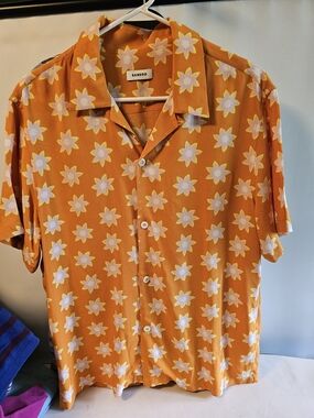 Sandro Orange Floral Short-Sleeve Camp-Collar Button-Down Shirt